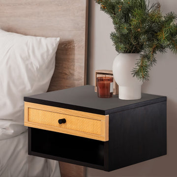 Celerie 15.71" Mid-Century Modern Floating Wall Mounted Nightstand with Soft-Close Rattan Drawer and Cable Hole - JONATHAN Y